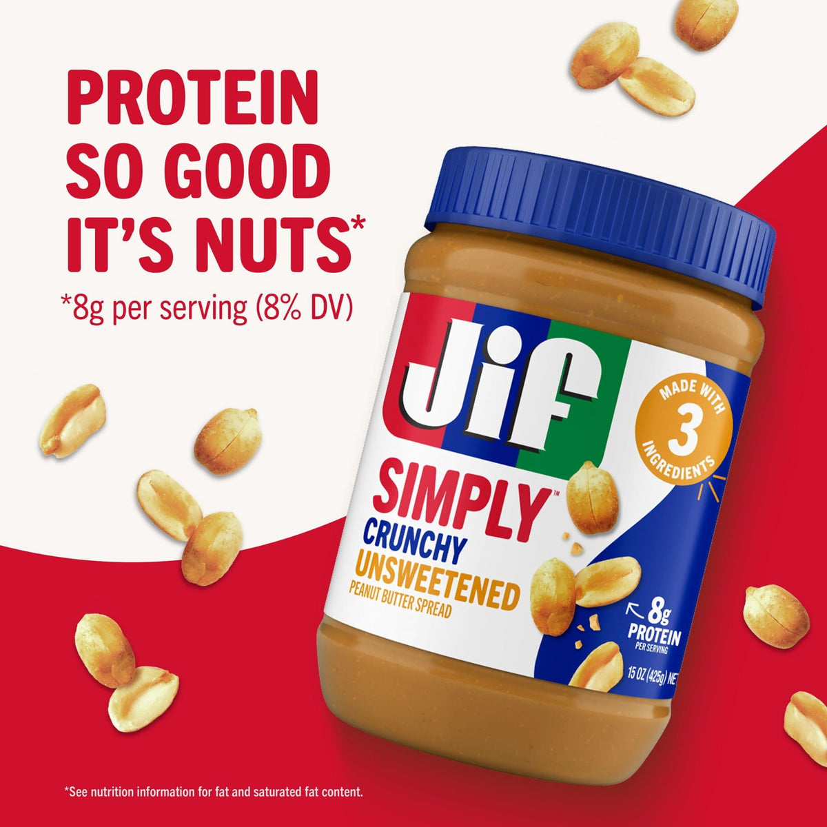 Jif Simply Crunchy Peanut Butter Spread, Unsweetened, 15 oz Jar