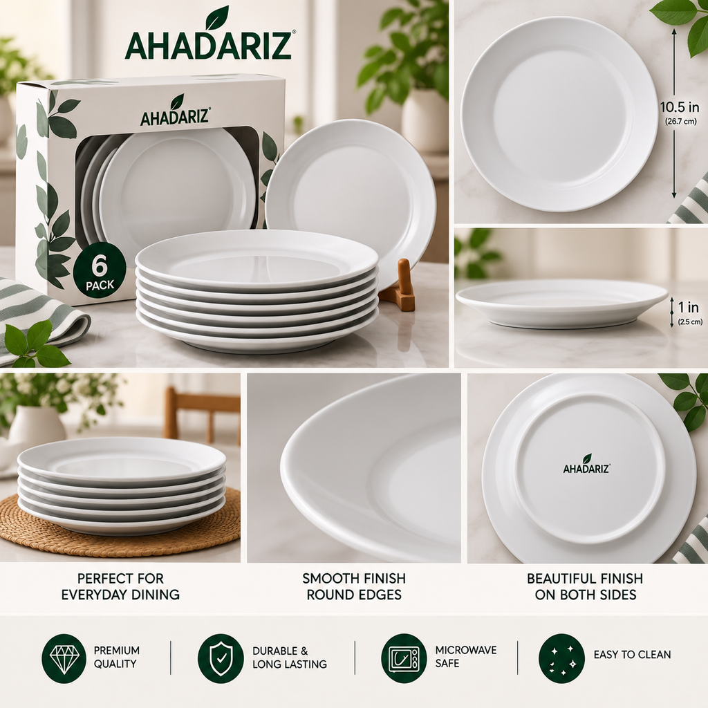 AHADARIZ 6-Pack White Dinner Plates – 10.5" Round Plates for Everyday Dining