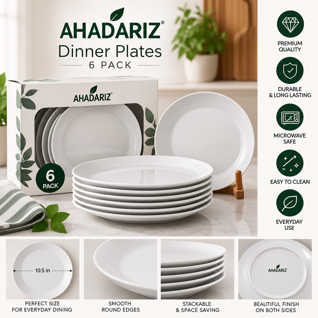 AHADARIZ 6-Pack White Dinner Plates – 10.5" Round Plates for Everyday Dining