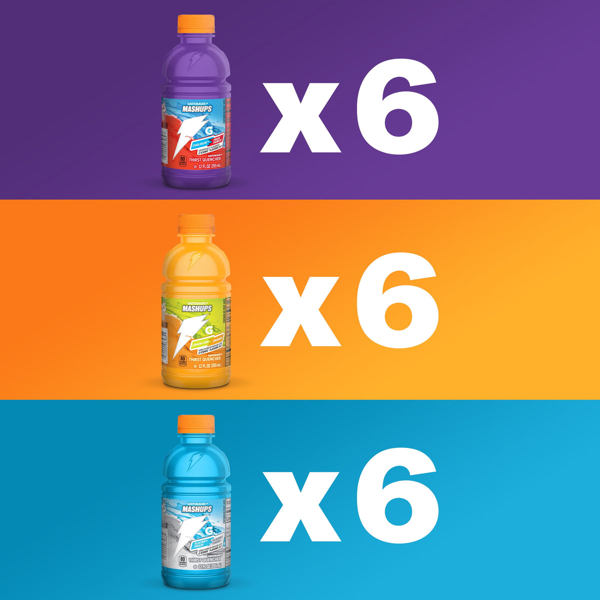Gatorade Mashups variety pack with six bottles of each of three flavors
